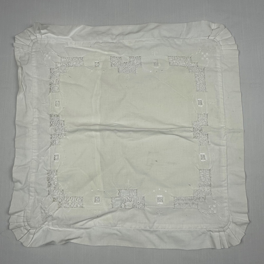 Vintage White Cotton Hand Embroidered Cutwork Lace Ruffle Pillow Sham 19x19